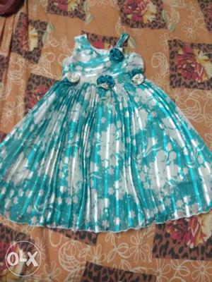 Toddler Girl's Blue And White Floral Satin Dress