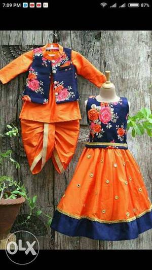 Two Blue-and-orange Floral Traditional Dresses