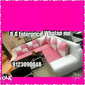 White And Pink Fabric Sofa Set