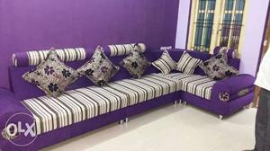 White And Purple Fabric Sofa Set