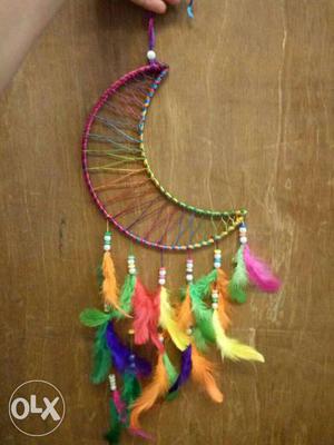 Green And Multicolored Feather Moon Dream Catcher