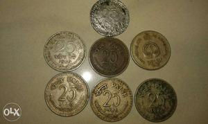 Seven 25 Indian Paise Coins