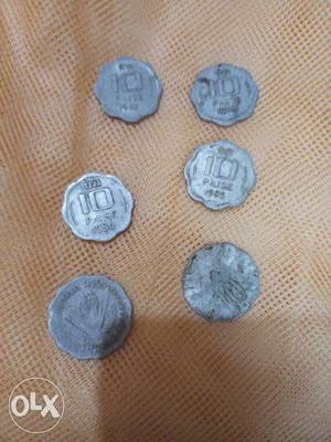 Six 10 Indian Paise Silver-colored Coins