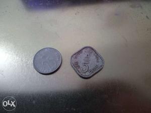 5 paisa coin of  and 25 paisa coin