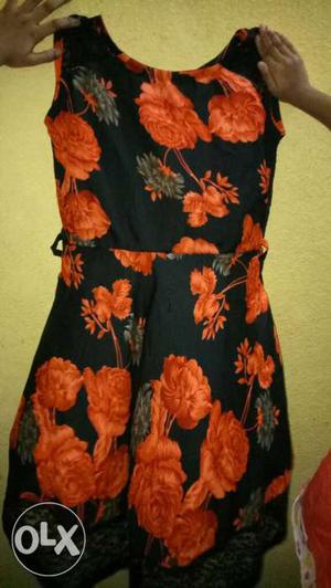 Black And Orange Floral Sleeveless Dress