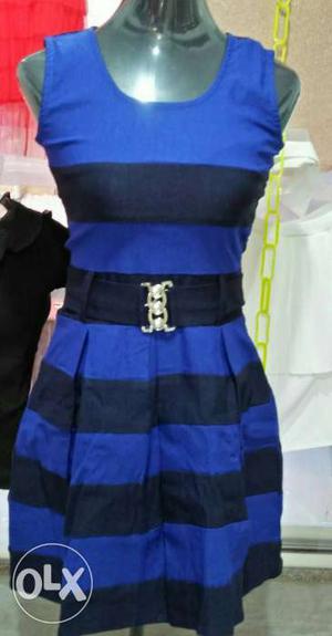 Black And Blue Striped Crew-neck Sleeveless Dress