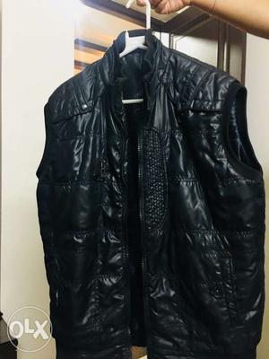 Black Leather Bubble Zip-up Vest