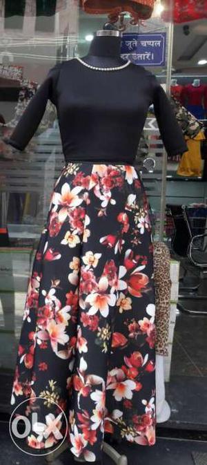 Black, Red, And White Floral Crew-neck Elbow-sleeved Maxi