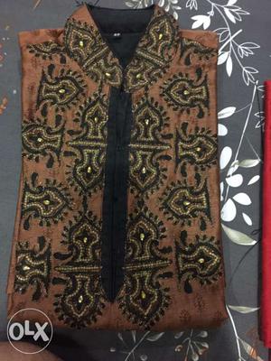 Brown And Black Floral Traditional Top for Men