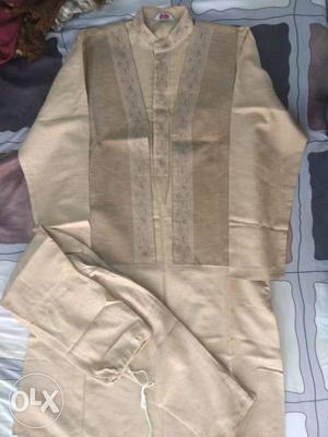 Brown silk-finish embroidered kurta pyjama with