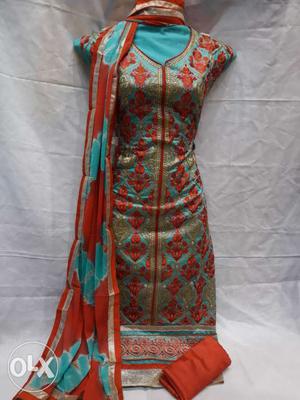Chandery silk full embroidery bottom cotten