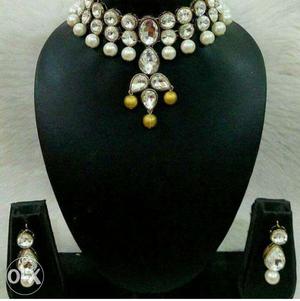 Diamond And White Pearl Beaded Necklace And Drop Earrings