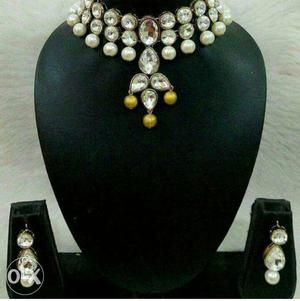 Diamond Encrusted Silver-colored Necklace And Earrings Set