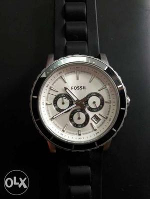 Fossil - Round Silver Chronograph Watch With Black Link