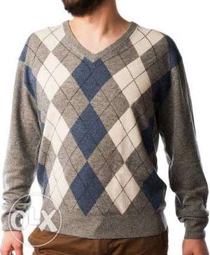 Gray, White, And Blue Harlequin Crew-neck Sweater