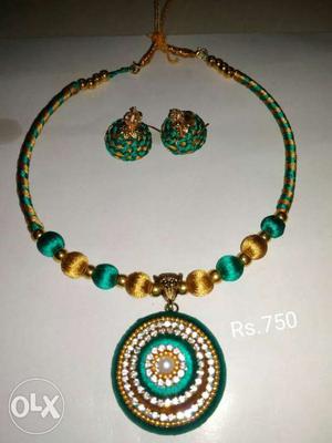 Green And Brown Silk Threaded Necklace And Jhumka Earring
