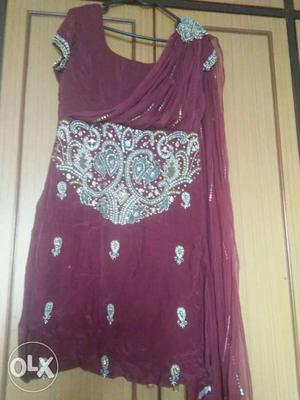 Maroon color dress with attached net duppata n