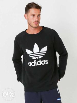 Men's Black And White Adidas Scoop-neck Long-sleeved Shirt