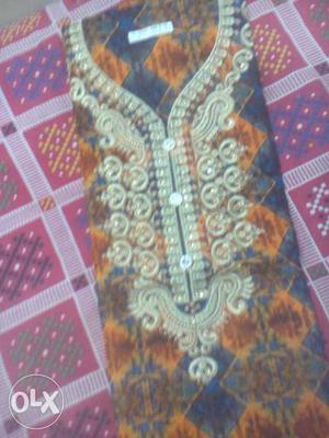 New cotton suit front neck embroidery with orange