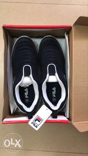 Pair Of Black-and-white Fila Low Top Sneakers With Box