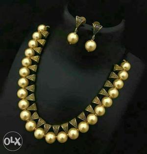 Pair Of Gold Pearl Earrings With Necklace
