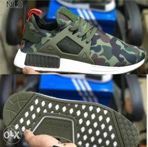 Pair Of Green,black, And Gray Camouflage Adidas NMD