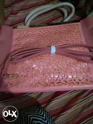 Pink And White Leather Handbag
