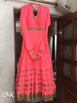 Pink Deep V-neck Long-sleeved Traditional Long Dress