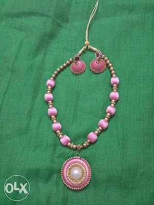 Pink Silk-thread Necklace And Jhumka Earrings Set