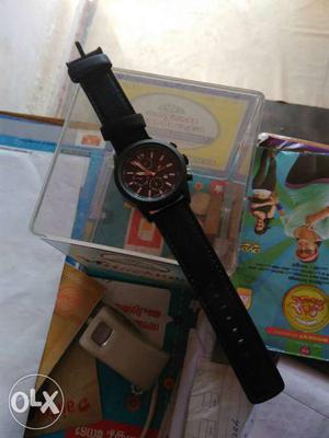 Round Black Chronograph Watch With Black Rubber Band
