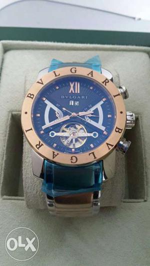 Round Gold And Blue Chronograph Watch With Link Bracelet