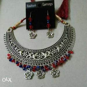 Silver-colored Red, And Blue Beaded Necklace And Pair Of