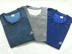 Three Blue, Gray, And Black Adidas Crew-neck Shirts