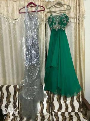 Two Women's Green And Silver Floral Dress