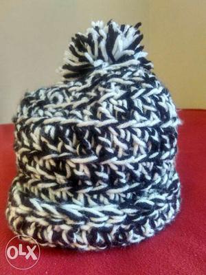 White And Black Crochet Bobble Hat