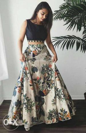 Women's Black Crop-top With Floral Printed Skirt