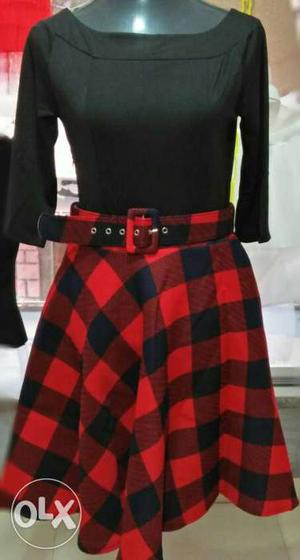 Women's Black Long-sleeve Shirt And Red Skirt Outfit