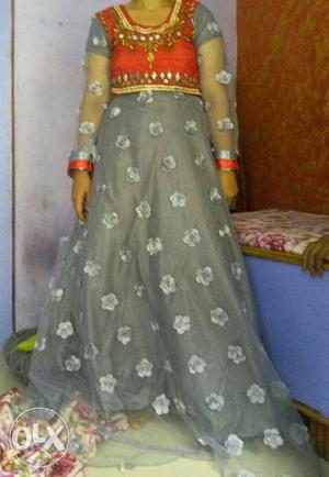 Women's Gray And Red Floral Ghagra Cholli Traditional Dress