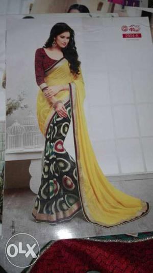 Women's Yellow-green-and-maroon Sari Traditional Dress
