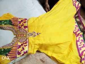 Yellow And Purple Cap-sleeved Traditional Dress