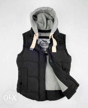 Black And Gray Zip-up Hooded Vest