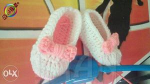 Pair Of Girl's White-and-pink Crochet Shoes