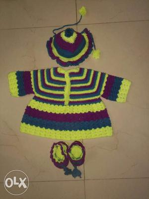 Toddler's Yellow-black-red Sweater And Knit Hat