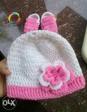 White And Pink Knitted Flower Accent Hat