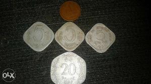 3 0ld 5 rupees coins and 20 paise coins and 1