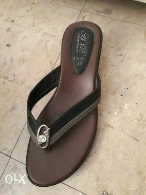 Black And Brown Leather Tong-strap Heeled Sandal