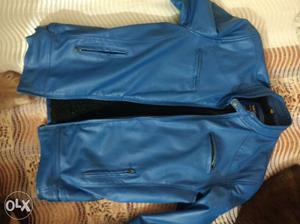 Blue Leather Zip-up Jacket