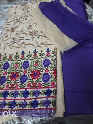 Cream And Purple embroidered suit with shefone ka dupata