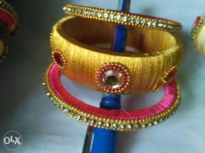 Gold-colored Beaded Thread Bangles