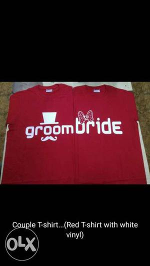 Matching Pair Of Red-and-white Groom And Bride Crew-neck